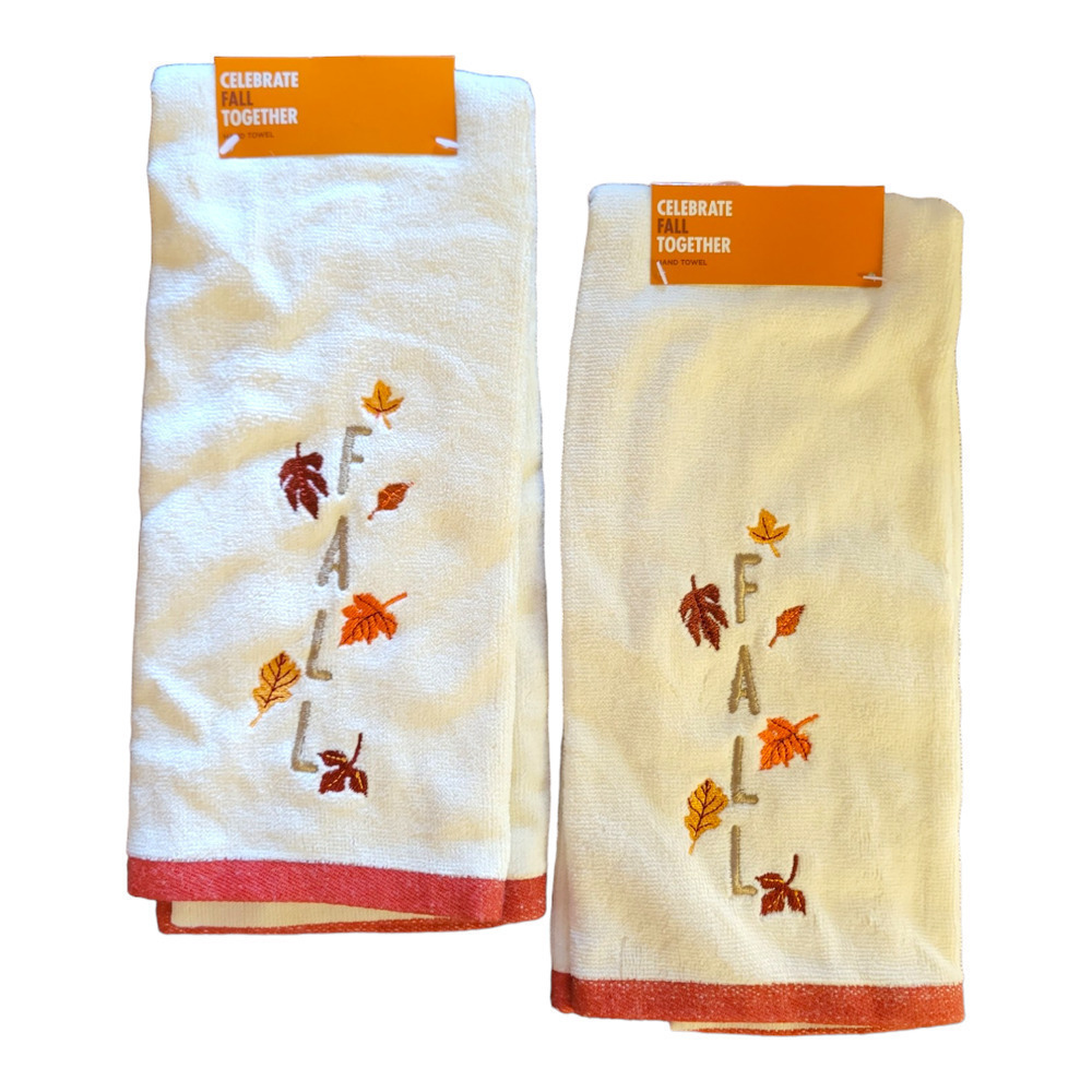 NEW Fall Kitchen Towels with Embroidery Cream with Orange Trim (Pack of 2)